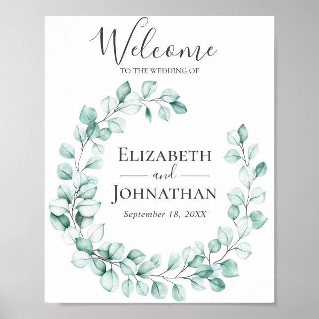 Welcome Wedding Sign Eucalyptus Greenery Wreath (Front)