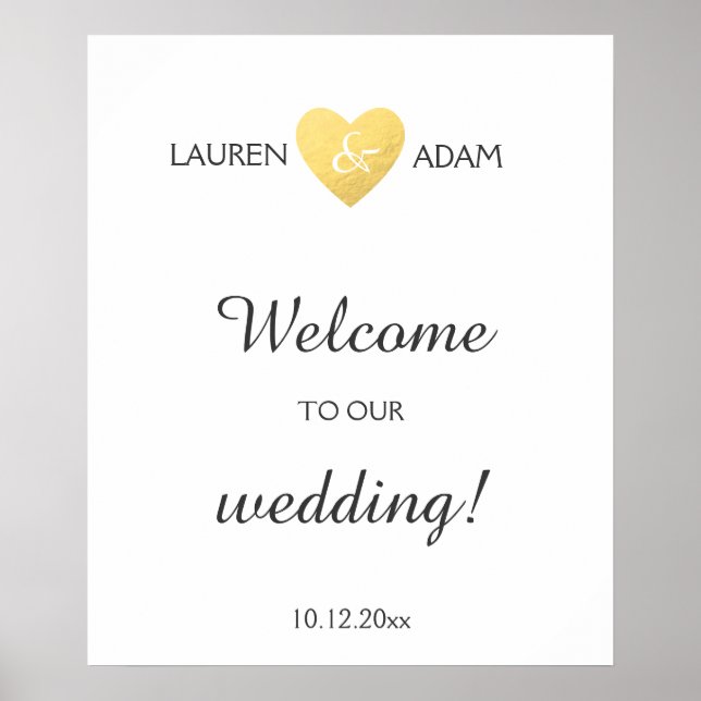 Welcome wedding sign faux gold heart, custom names (Front)