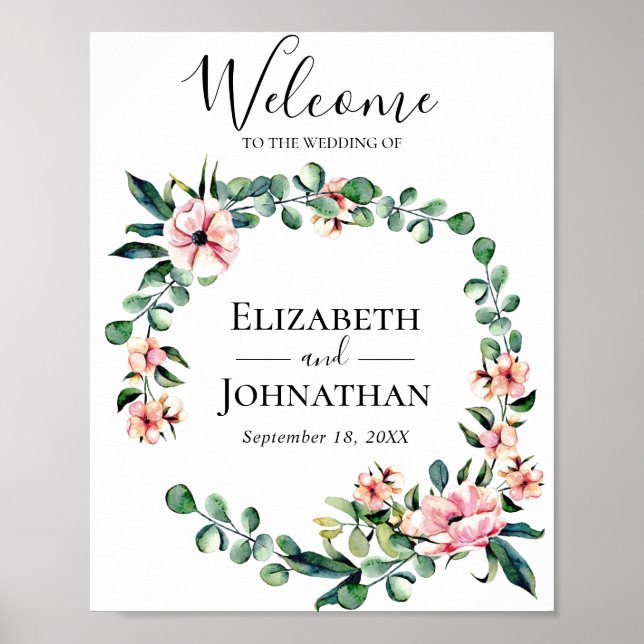 Welcome Wedding Sign Floral Greenery Wreath (Front)