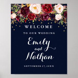 Welcome Wedding Sign Gold Burgundy Navy Floral