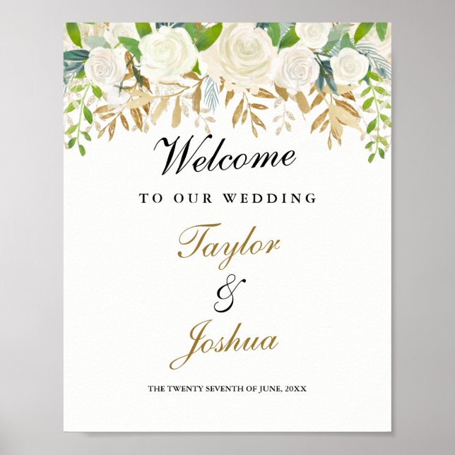 Welcome Wedding Sign Gold Floral Leaf Watercolor (Front)