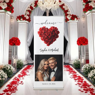 Welcome Wedding Sign-Heart Shaped Red Roses- Retractable Banner