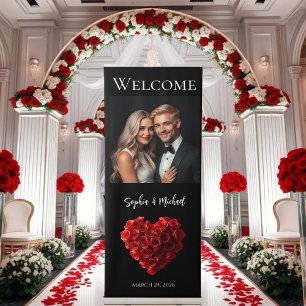 Welcome Wedding Sign-Heart Shaped Red Roses- Retractable Banner