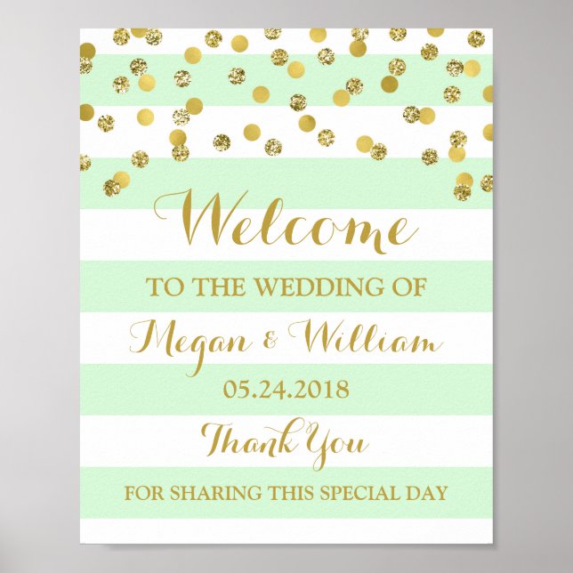 Welcome Wedding Sign Mint Stripes Gold Confetti (Front)