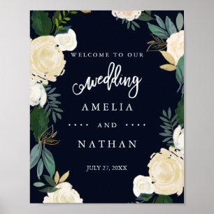 Welcome Wedding Sign Modern Botanical Navy