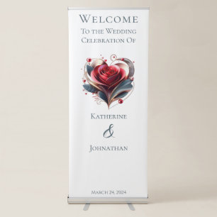 Welcome Wedding Sign-Modern Heart Shaped Rose  Retractable Banner