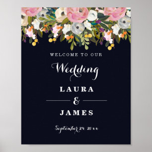 Welcome Wedding Sign Navy Botanical Flower