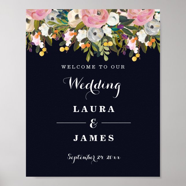 Welcome Wedding Sign Navy Botanical Flower (Front)