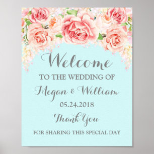 Welcome Wedding Sign Pink Watercolor Flowers Blue
