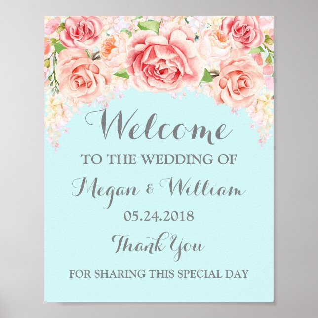 Welcome Wedding Sign Pink Watercolor Flowers Blue (Front)