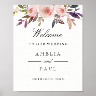 Welcome Wedding Sign Pink Watercolor Peonies