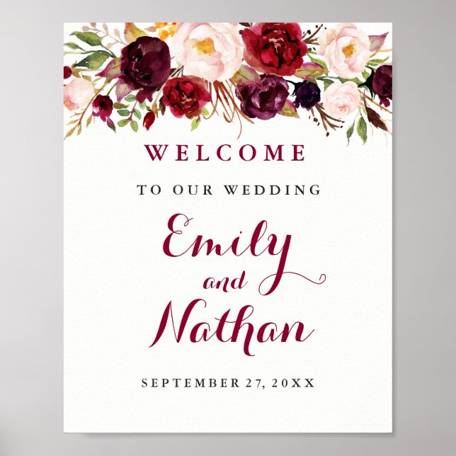 Welcome Wedding Sign Rustic Burgundy Red Floral (Front)