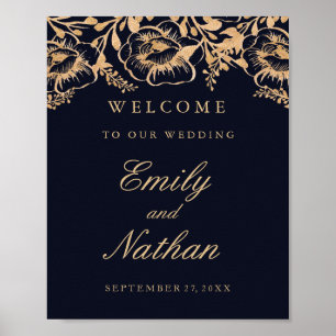 Welcome Wedding Sign Vintage Gold Navy Floral