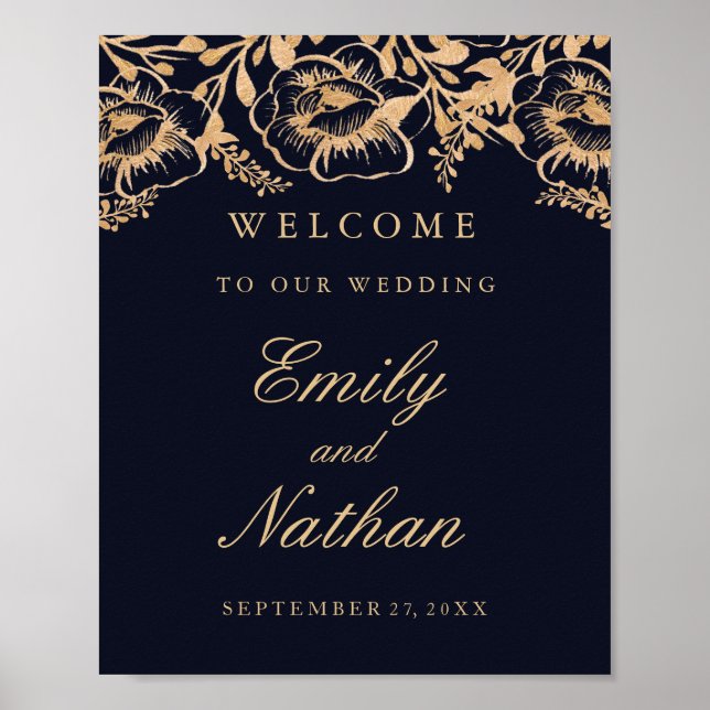 Welcome Wedding Sign Vintage Gold Navy Floral (Front)