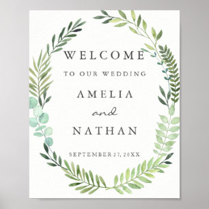 Welcome Wedding Sign Watercolor Green Leaf Wreath