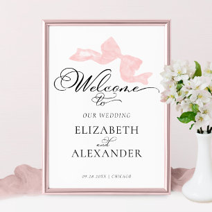 Welcome Wedding Signs Pink Bow Calligraphy