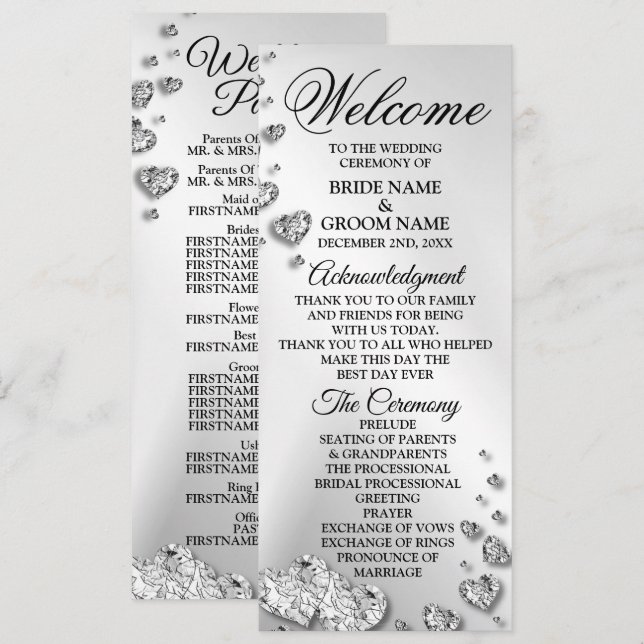 Welcome Wedding Silver Hearts Grey Elegant Rustic Programme (Front/Back)