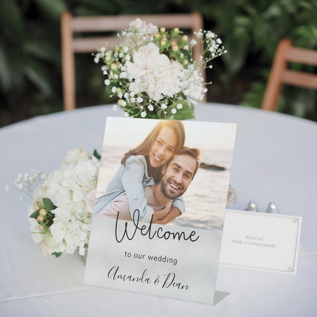 Welcome wedding silver photo script pedestal sign (Creator Uploaded)