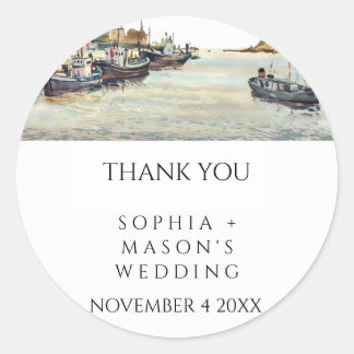 Welcome Wedding Watercolor Seascape Coastal Boats Classic Round Sticker