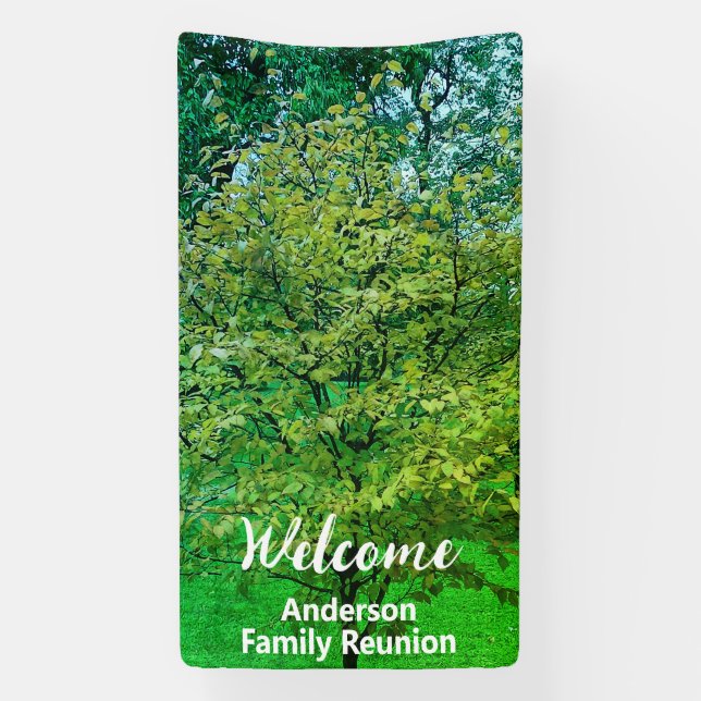 Welcome White and Green Family Name Tree Reunion Banner (Vertical)