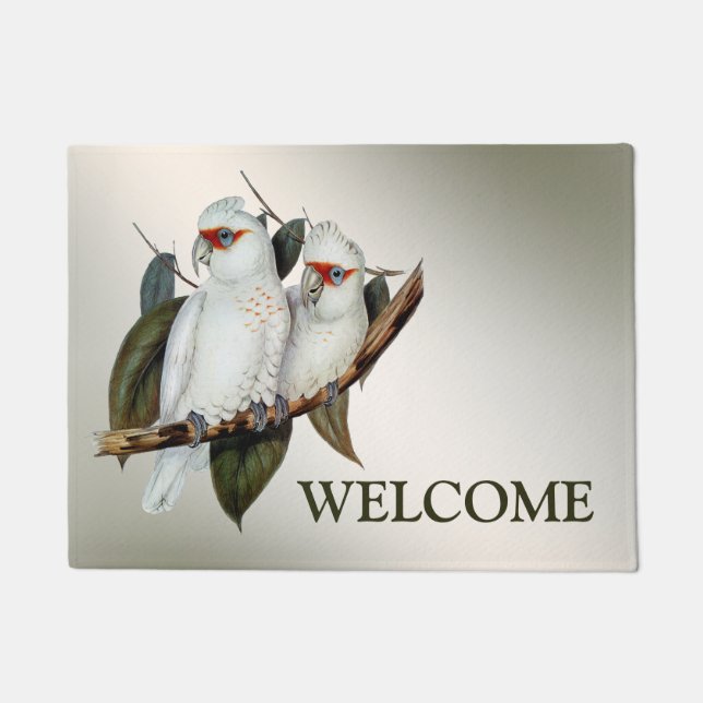 Welcome White Birds Cockatoo Green Leaves Doormat (Front)