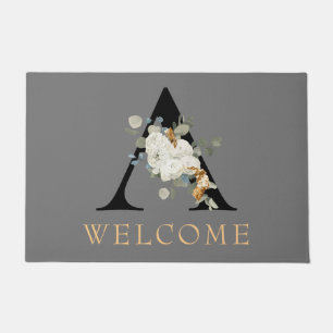 WELCOME White Floral Gold Accents Monogram A  Doormat