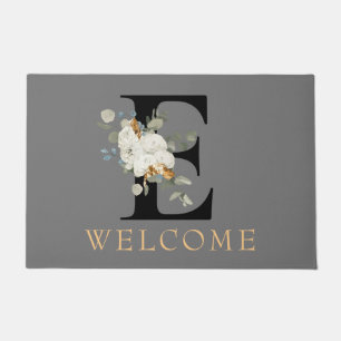 WELCOME White Floral Gold Accents Monogram E Doormat