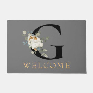 WELCOME White Floral Gold Accents Monogram G Doormat