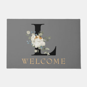 WELCOME White Floral Gold Accents Monogram L Doormat