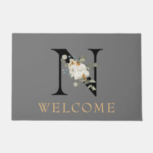 WELCOME White Floral Gold Accents Monogram N Doormat