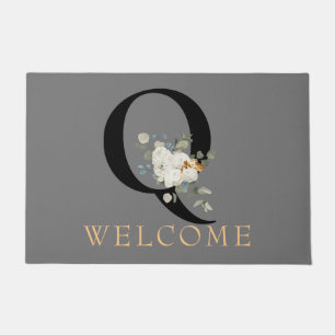 WELCOME White Floral Gold Accents Monogram Q Doormat