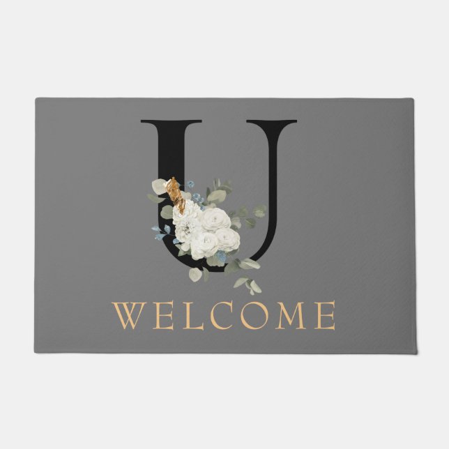WELCOME White Floral Gold Accents Monogram U Doormat (Front)