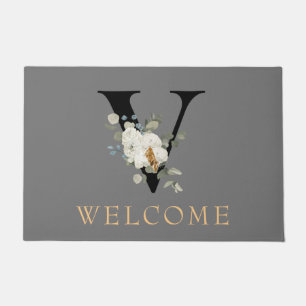 WELCOME White Floral Gold Accents Monogram V Doormat