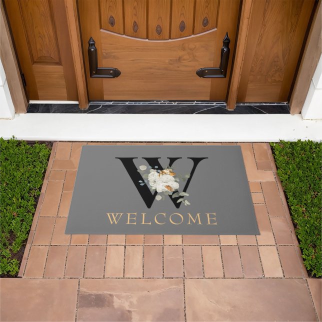 WELCOME White Floral Gold Accents Monogram W Doormat (Outdoor)