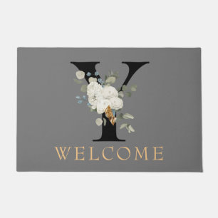 WELCOME White Floral Gold Accents Monogram Y Doormat