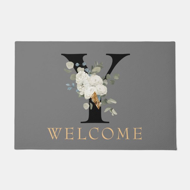WELCOME White Floral Gold Accents Monogram Y Doormat (Front)