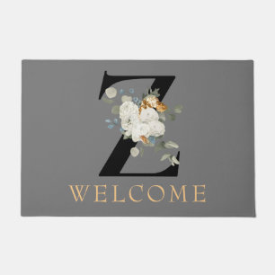 WELCOME White Floral Gold Accents Monogram Z Doormat