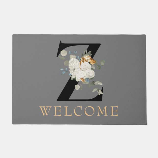 WELCOME White Floral Gold Accents Monogram Z Doormat (Front)