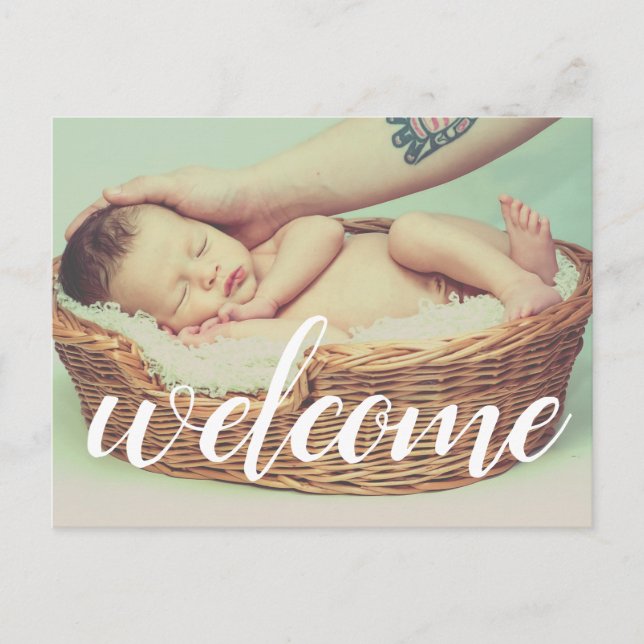 Welcome White Script Overlay Photo Personalised Announcement Postcard (Front)