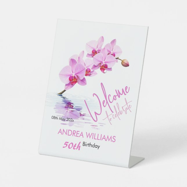 Welcome Wild Orchid Flower Blossoms 50th Birthday Pedestal Sign (Front)