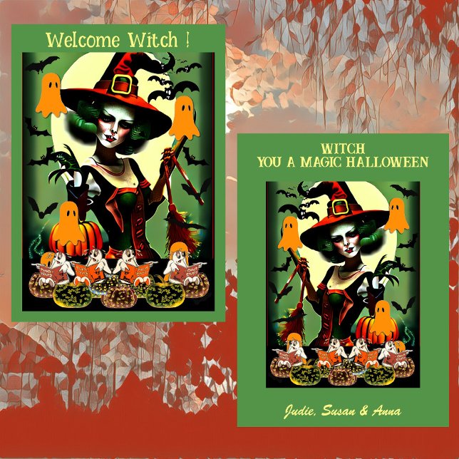 Welcome Witch Ghostly Night Shining Jack O Lantern Holiday Card (Welcome Witch Halloween Card)