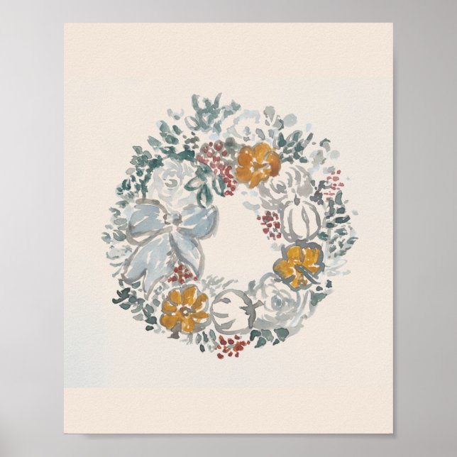 Welcome Wreath Autumn Pumpkin Blue Painting Poster (Front)