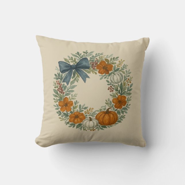 Welcome Wreath Grey Pumpkin Painting Throw Pillow (Front)