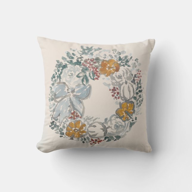Welcome Wreath Grey Pumpkin Painting Throw Pillow (Front)