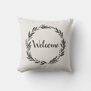 Welcome Wreath Grey Throw Pillow