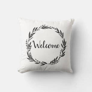 Welcome Wreath Grey Throw Pillow
