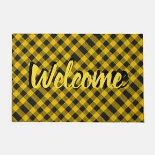 Welcome yellow and black plaid doormat