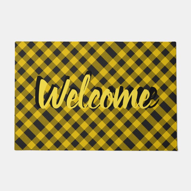 Welcome yellow and black plaid doormat (Front)