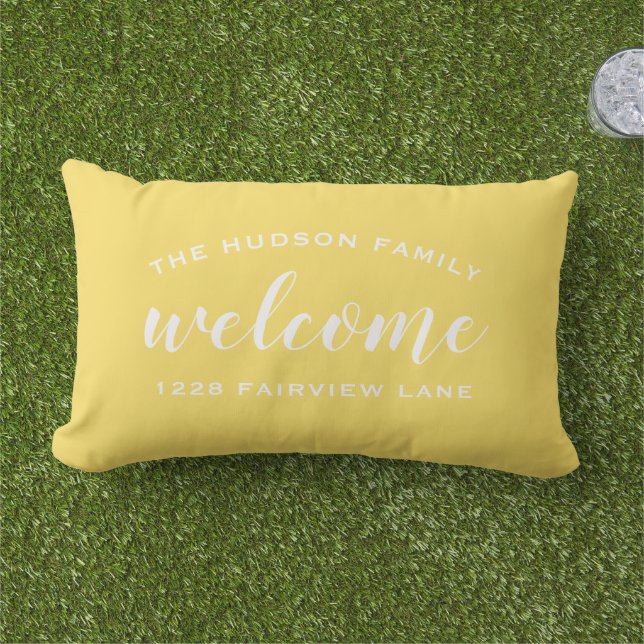 Welcome Yellow Personalised Family Name Address Lumbar Cushion (Grass)