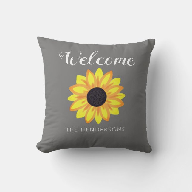 Welcome Yellow Sunflower Bloom Grey Family Name Cushion (Front)